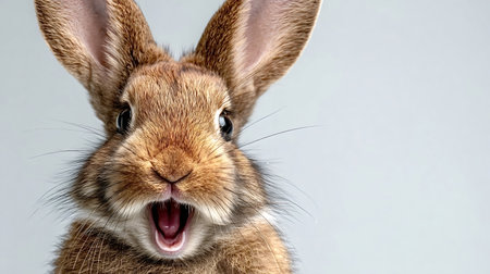 Brown domestic rabbit with wide eyes and open mouth caught mid scream, expressive and comical close up portrait on a plain light background conveying surprise and shockの写真素材