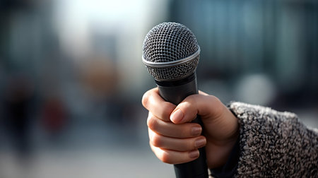 Hand holding a black wired microphone ready for speech, interview or news report, conveying communication, media coverage, broadcasting and public speaking in a blurred backgroundの写真素材