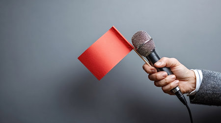 Hand holding a microphone with a small red flag attached, symbolizing speech restriction, warnings against misinformation, propaganda, and censorship in media and news reportingの写真素材