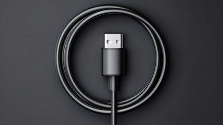 Black usb cable showing a coiled wire with a usb a connector plug, symbolizing connectivity, data transfer, and charging for electronic devices on a dark backgroundの写真素材