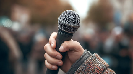 Hand holding a dynamic microphone during a public event, conveying concepts of leadership, broadcasting, news reporting, and sharing information in an outdoor settingの写真素材