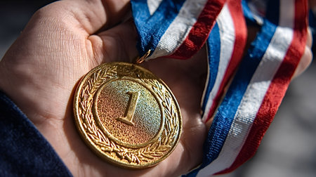 Hand holding a shimmering gold medal with the number one and a laurel wreath, representing achievement, success, reward, and earning a top spot in competition or a championshipの写真素材