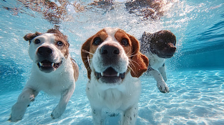 Three playful dogs with joyful expressions are enthusiastically swimming underwater in a blue pool, surrounded by clear water and surface reflections, enjoying a refreshing summer activityの写真素材