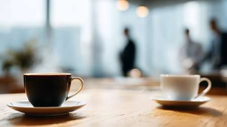 Steaming coffee cups sit on a wooden table, providing focus and warmth during a corporate meeting or a short professional break in a blurred modern office environmentの写真素材