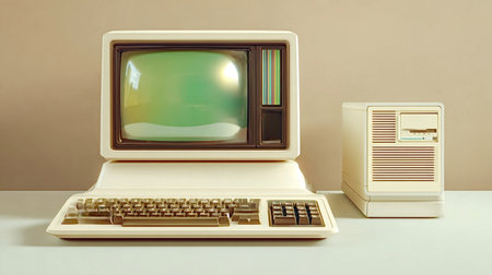 Retro personal computer setup featuring a beige monitor with a green screen, an integrated keyboard,...