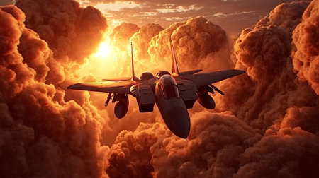 F 15 eagle fighter jet streaks across a fiery orange sky at sunset, cutting through thick cloudssymbolizing speed, power, air superiority and military readinessの写真素材