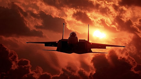 F 15 fighter jet is flying head on silhouetted against a brilliant orange and red sunset with a cloudy sky, representing power, speed, and military aviationの写真素材