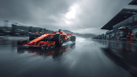 Ferrari formula 1 race car creating a spray of water while speeding on a wet track during a...