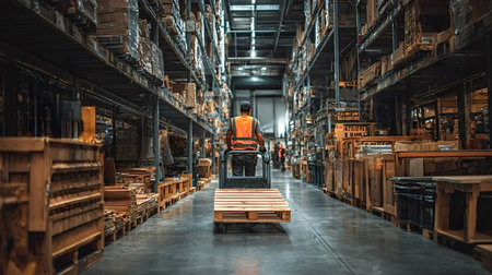 Warehouse worker in safety vest operating a pallet jack, moving an empty pallet down a long aisle of...