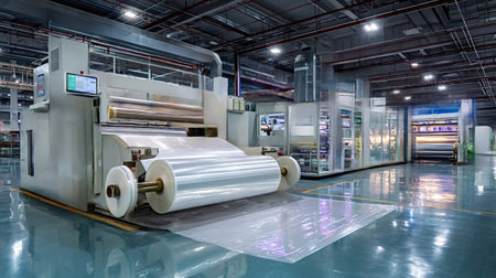 Industrial machinery converting large rolls of raw material into finished plastic film, laying it...
