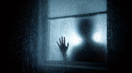 Dark silhouette pressing a hand to a rain streaked frosted window at night, evoking fear, isolation and mystery with cold blue tones, stormy atmosphere and suspenseの写真素材