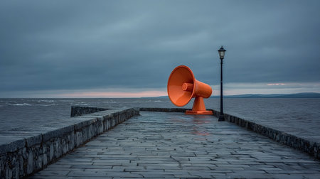 Giant orange megaphone standing prominently on a wet stone pier, reflecting an urgent message or announcement across the dark, overcast sea with a moody skyの写真素材