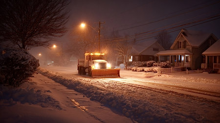 Snowplow truck working on a residential street at night, with active snowfall and streetlights illuminating the heavy snow, ensuring roads remain passable during treacherous winter conditionsの写真素材