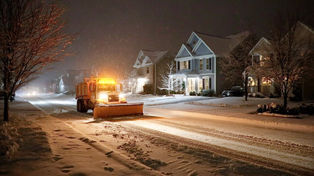 Snowplow truck with flashing lights clearing a snow covered street in a quiet suburban neighborhood during a winter snowstorm at night, ensuring road accessの写真素材