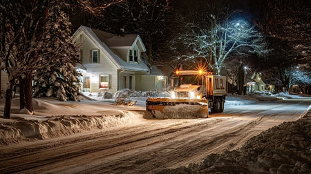 Snowplow truck working late at night, clearing a snow covered residential street illuminated by streetlights and house lights, ensuring safe passage after heavy snowfallの写真素材