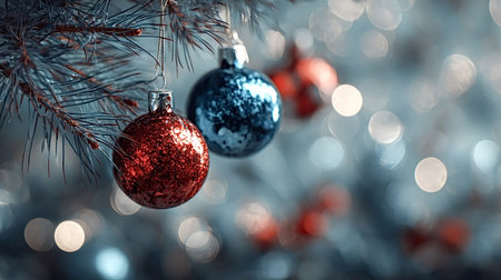 Christmas tree branch with pine needles decorating with red and blue glitter baubles and ornaments creating a festive holiday atmosphere with beautiful bokeh lightsの写真素材
