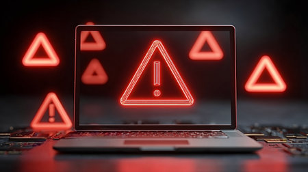Laptop displaying a large red warning sign on screen with multiple glowing red triangles surrounding it, representing a digital security breach, data hack, or system failure conceptの写真素材