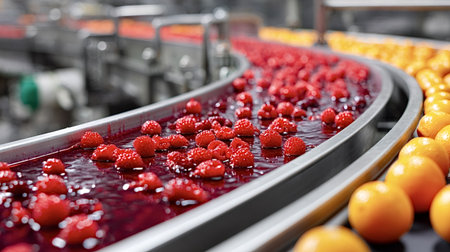Raspberries submerged in flowing liquid on a curved stainless steel conveyor beside a belt of fresh...