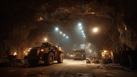 Industrial equipment and dump trucks operating deep inside a rock mine tunnel, extracting raw...