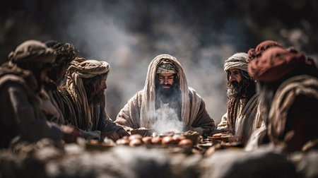 Jesus christ is gathering with his twelve apostles around a rustic table, sharing a final meal and...