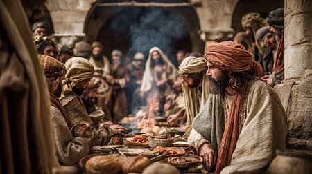 Jesus christ and his disciples are gathered around a table with a fire burning, sharing a communal meal in an ancient setting, reflecting a significant biblical event and bondの写真素材