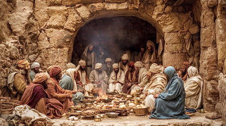Jesus christ and his apostles are holding the passover seder, gathered around a low table in an ancient stone dwelling, sharing a meal during the last supperの写真素材