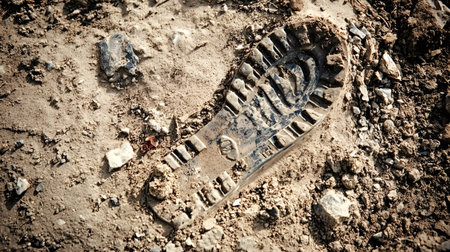 Boot tread pressed into dry, dusty ground leaves a detailed boot print in rocky soil, evoking...