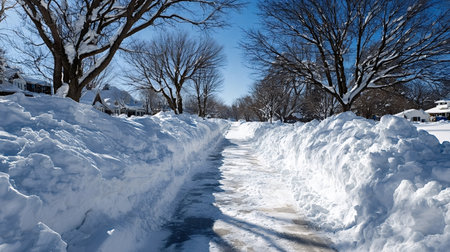 Cleared sidewalk cuts through deep snowbanks beside bare trees and houses, creating a sunny,...