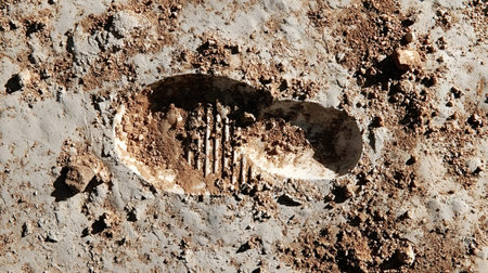 Human bootprint pressed deep into muddy, sandy ground, close up texture showing track and impression symbol of journey, exploration, survival, and evidence on a wilderness trailの写真素材
