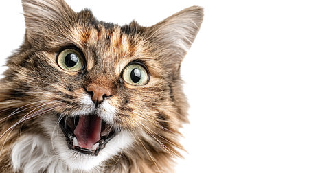 Domestic cat with fur showing a surprised facial expression, featuring wide green eyes, an open...