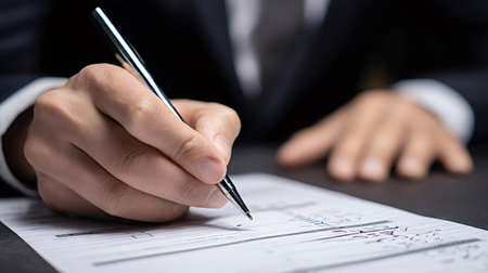 Person's hand holding a pen, signing a contract on paper at a desk to finalize a business agreement,...