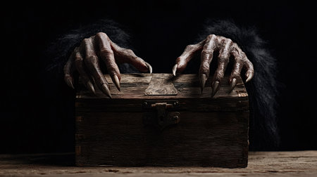 Scary monster hands with sharp claws reaching for an antique wooden chest in the darkness, symbolizing fear, danger, and the unknown being unleashed from a forbidden containerの写真素材