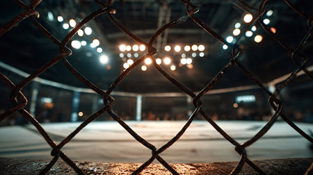 Empty mixed martial arts octagon cage standing under bright arena lights, viewed from behind a rusty chain link fence, anticipating an upcoming combat sports eventの写真素材