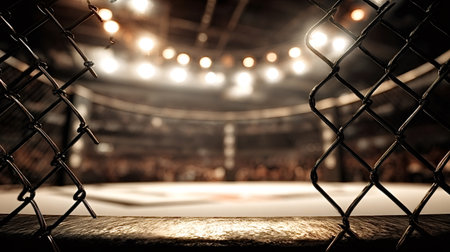 Empty professional mma fight cage with an octagon mat and bright stadium lights in the background, creating a dramatic atmosphere for combat sports competitionの写真素材
