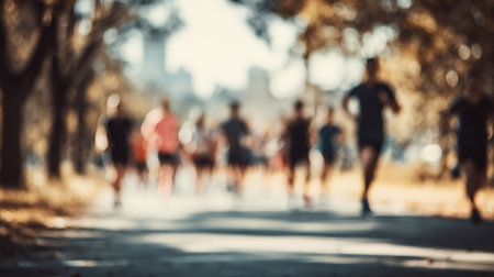 Group of blurred runners jogging along a path in a park, representing concepts of fitness, health,...