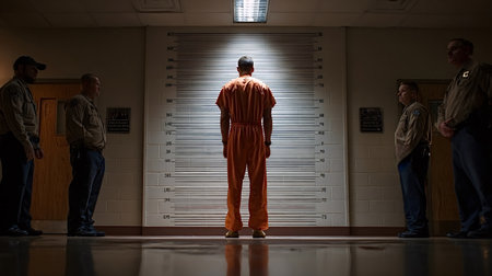 Prisoner in orange jumpsuit stands with back to camera against a height chart while correctional officers guard him in a stark institutional booking area, tense and formalの写真素材
