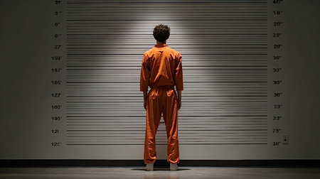 Prisoner standing in an orange jumpsuit with his back to the camera, facing a police lineup height...