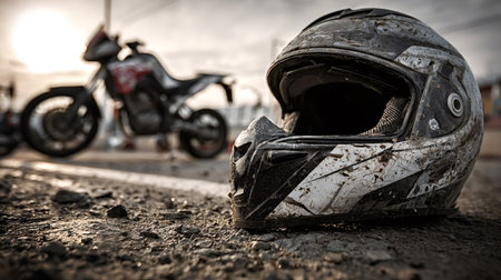 Dirty helmet lying on a rough road surface with a blurred motorcycle in the background during golden hour, emphasizing the aftermath and safety concerns of extreme sportsの写真素材