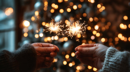 Two hands holding sparklers glowing golden against warm christmas tree bokeh, cozy festive...