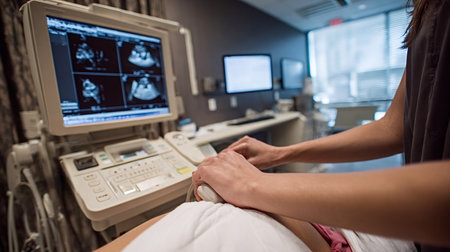 Medical professional performing an echocardiogram on a patient, using an ultrasound transducer on the chest to monitor heart health and diagnose cardiovascular conditions in a hospital clinicの写真素材
