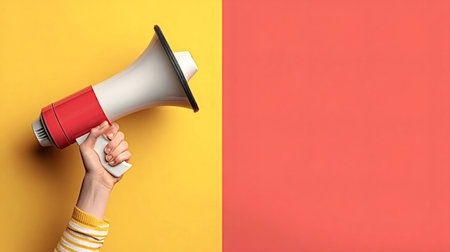 Person holding a red and white megaphone in hand, making an important announcement and communicating a message, against a vibrant yellow and red background with copy spaceの写真素材