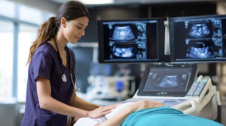 Medical doctor or sonographer performing an ultrasound examination on a pregnant woman's abdomen,...
