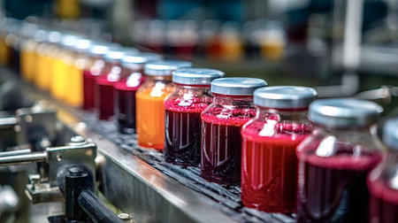 Multiple glass bottles filled with various fruit juices in different colors are moving on a conveyor belt during the automated bottling process in a beverage factoryの写真素材