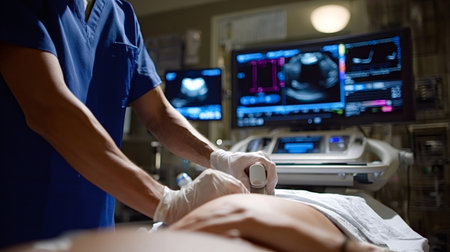 Medical professional in blue scrubs and white gloves performing an ultrasound scanning procedure on a patient, with multiple screen displays showing medical imaging and data in a hospital settingの写真素材