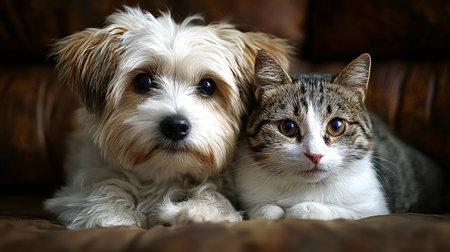 Fluffy small puppy and a cute tabby cat relaxing together on a brown couch or bed, showing...