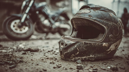 Damaged, dirty motorcycle helmet lying on rough asphalt and debris with a blurred damaged motorcycle in the background, conveying risk, danger, and the aftermath of a road accidentの写真素材