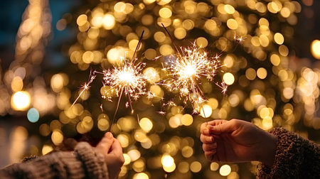 Hands hold two burning sparklers against a backdrop of golden out of focus bokeh lights, symbolizing...