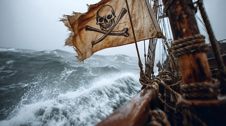 Pirate ship battling a raging storm at sea, featuring a tattered jolly roger flag with skull and crossbones, waves crashing against the wooden hull amidst spray and a grey skyの写真素材