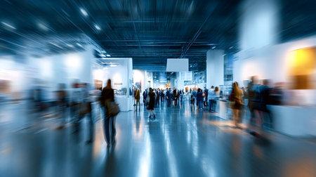 People with motion blur forming an abstract crowd in a modern exhibition hall or trade show, creating a sense of movement, energy, and business activityの写真素材