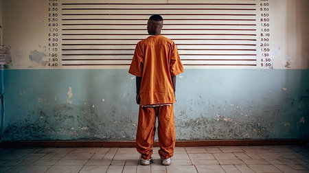 Inmate in orange uniform standing with his back to the camera in front of an old, dilapidated height...